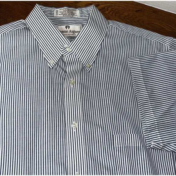 VTG‎ Etienne Aigner Button Down Shirt Mens Sz 16 White Blue Stripes Short Sleeve - Picture 1 of 6